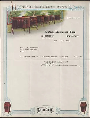 New York ~ Academy Phonograph Shop Sonora Brand ~ Color Illus. Letterhead 1925 • $19.99