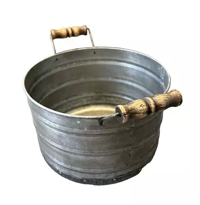 Vintage Round Galvanized Metal Bucket  With Wooden Handles Diam 11 1/4  Tall  7  • $49.99