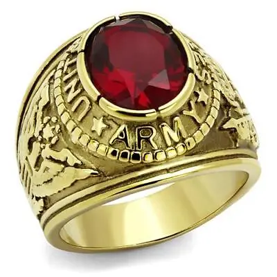 Mens 5.0ct Simulated Ruby Army Military Ring 316 Steel And IP Gold-Tone • $57.66