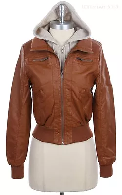 $35.99 • Buy Women's Faux Leather Jacket With Fleece Hoodie Ribbed Stylish Zippered S M L