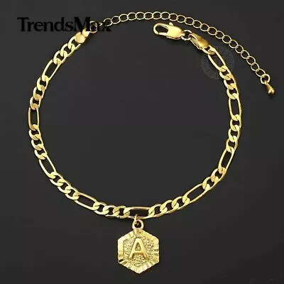 5mm Gold Plated Figaro Chain Initial Charm Anklet Bracelet Stainless Steel Ankle • $8.07