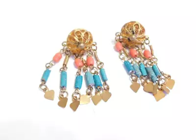 Middle Eastern Decorative Boho Beaded And Gold Tone Egyptian  Clip Earrings • $15