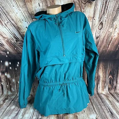 Vintage 90s Nike Womens Size Medium Teal Hooded 1/4 Zip Windbreaker Jacket Coat • $49.99