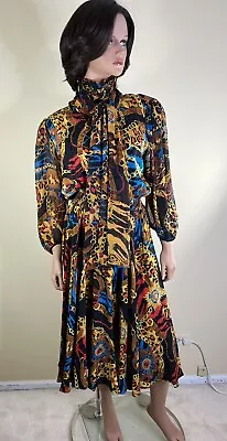 Vintage 1980's Diane Fries Size S/M 100% Silk Dress W/ Belt Multi-Color Print • $69.95