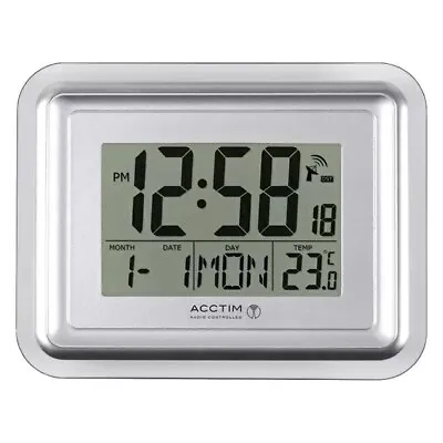 Acctim Radio Control Clock Digital Wall Desk Alarm Jumbo LCD Display Silver • £27.50