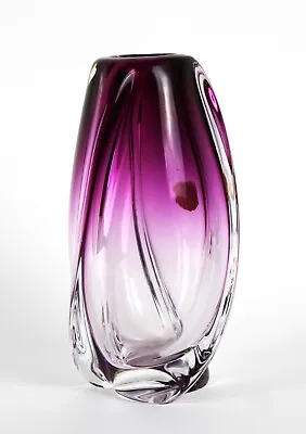 Vintage Val Saint Lambert Hand Blown Amethyst/Clear Thick Glass Vase 8.5  Tall.  • $149