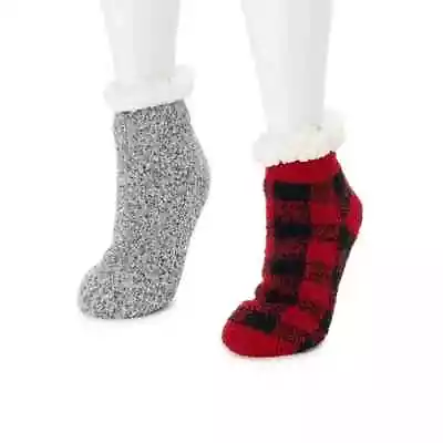 2 Pack Muk Luk Womens Sherpa Short Cabin Slipper Socks Red Gray Wm 6-10/Men 6-9 • $14.88