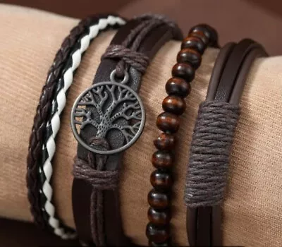 Leather Bracelets Set (4) - Men Women Wristband Pagan Viking Costume Jewelry • $5.49