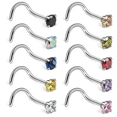 $10.99 • Buy 10PCS 18G Surgical Steel Mix Color CZ Nose Stud Rings Screw Bend Body Piercing