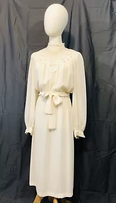 Vintage Lace Chiffon Dress Small Womens Ivory Belt High Neck Long Sleeved 1980 • $63.82