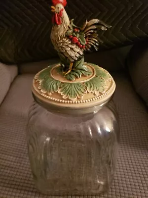 Vintage Ribbed Glass Canister/Cookie Jar Ceramic Rooster Lid 12Hx6W • $30