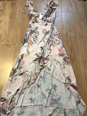 Lipsy Abbey Clancy Size 8 Nude Alyssa Floral Print Wrap Satin Maxi Dress BNWT • £34