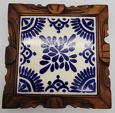 Vintage ORION Monterrey Mexico Blue & White Tile Trivet With Wooden Footed Stand • $15