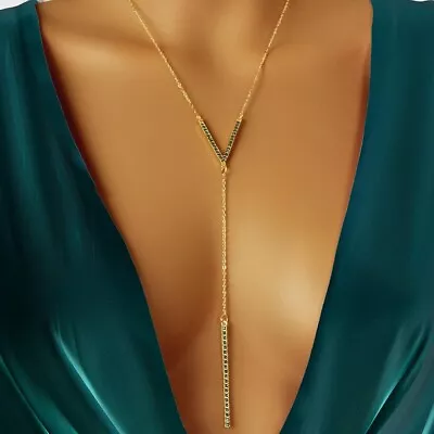 Ladies Party Jewellery Rhinestone Long Lariat Gold Chain Bar Pendant Necklace • $2.98