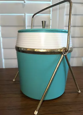 Vintage Teal Ice Bucket Wine Bar Chest Mid Century Atomic Gold Metal Stand MCM • $59.99