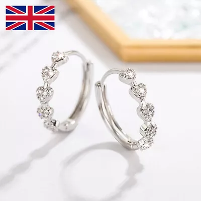 Shiny 925 Sterling Silver CZ Heart Hoop Circle Huggie Earrings Women Girl Gifts • £3.89