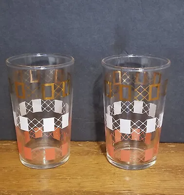 Set Of 2 Vintage MCM Federal Juice Glasses 4 Oz Red White Gold Square Pattern • $8