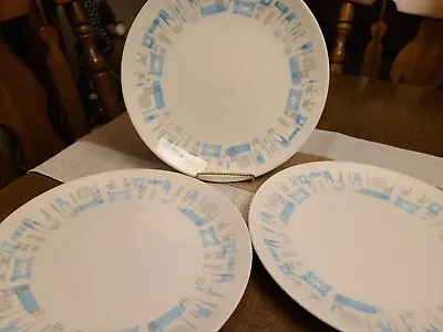 Lot Of 3 VINTAGE Midcentury Modern Atomic BLUE HEAVEN ROYAL CHINA  DINNER PLATES • $24.99