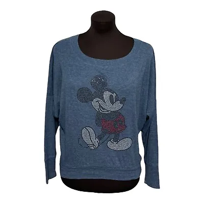 Disney Parks Womens Rhinestone Mickey Mouse Sweatshirt Tee Medium Heather Blue • $14.98