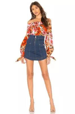 ALICE McCALL Orange Floral Silk-Blend Off-Shoulder Long Sleeve Top Sz 4 Fits 6 • $65