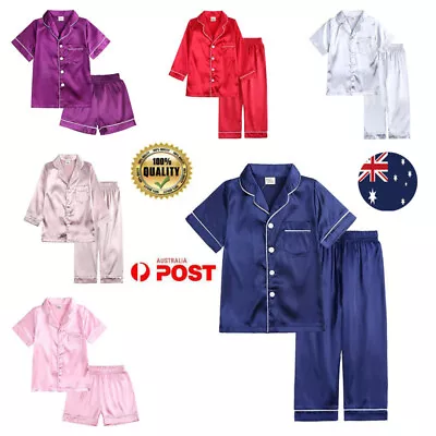 Kids Boys Girls Satin Silk Pyjamas Set Nightwear Pjs Sleepwear Top Pants Outfits • $27.66