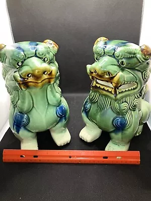 Vintage Large Pair Chinese Guardian Temple Foo Dogs Lions Statue Ceramic • $100