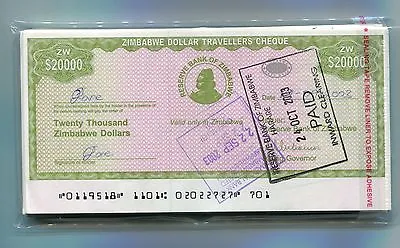 Zimbabwe Dollar Travelers Cheque $20 000 Check 2003 P18 Rare X 100 Pieces Bundle • $137.25