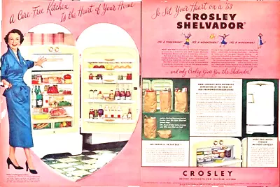 Crosley Shelvador Refrigerator Freezer 1953 Vintage Print Ad 2 Page Kitchen • $15.97