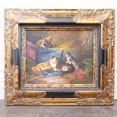 Vintage Oil Painting On 8X10  Board Cat W/ Kittens Basket Of Hay Unsigned Framed • $275