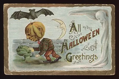 1909 B. Hofmann  Antique Halloween Postcard • Jack-O-Lantern Man • Germany • $29.99