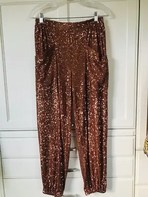 Free People Morelia Joggers Sz S Copper Rust Sequins Pockets Pleats • $16.99