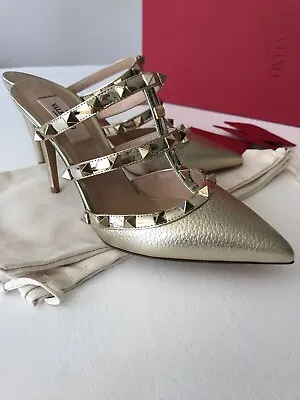 NIB Valentino Garavani Rockstud 90MM Mule Gold Heel Sandals Size 37 / 7 • £664.16