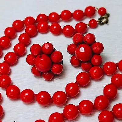 Signed West German Red Glass Bead Knotted Necklace Faceted Cluster Earrings • $12