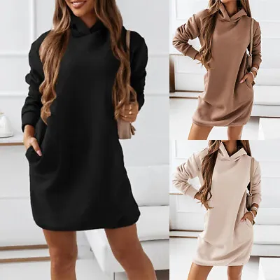 £5.09 • Buy Women Fleece Long Sleeve Mini Hooded Hoodie Sweatshirt Casual Loose Jumper Dress