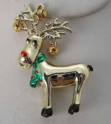 Vintage Comical Christmas Reindeer ( Moose ) W/Bells Gold Tone Enamel Pin By AJC • $11.99