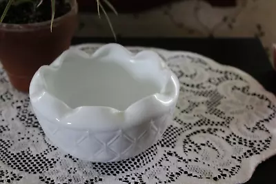 Vintage White Milk Glass  Quilted Diamond Pattern Bowl With Ruffles 1960's • $15.35