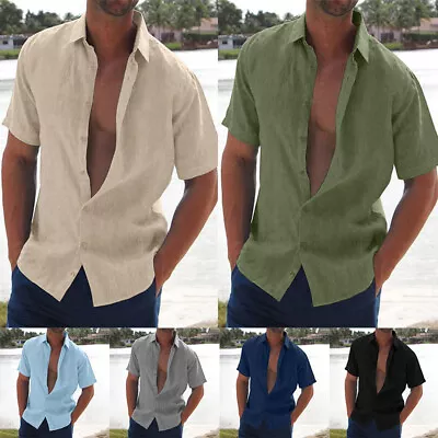 Men's Casual Button Down Shirts Short Sleeve Beach Linen Cotton Summer Shirt T • $14.59