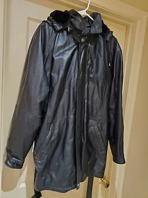 Leather Man Black Leather Jacket Mens Size Large With Hood Removable Lining • $91.91