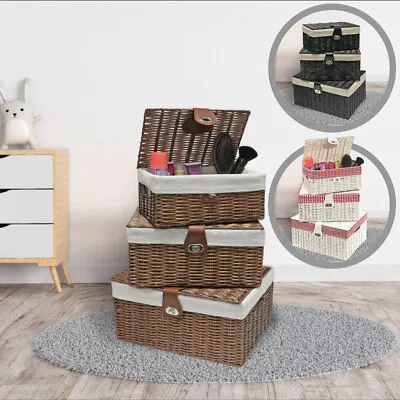 Set Of 3 Lined Wicker Basket Hamper With Lid Woven Xmas Storage Gift Box Resin • £32.99