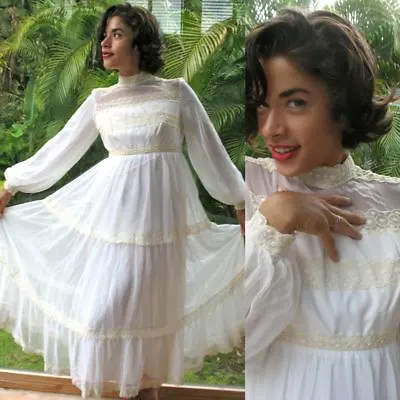 VTG 70s Peasant Fairy Wedding Dress Sheer Cream Chiffon Embroidery Lace Puff Slv • $99
