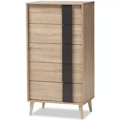 Baxton Studio Lisen 5 Drawer Modern Chest In Light Oak And Grey • $175.99