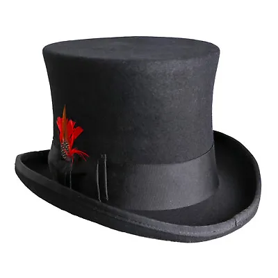 Adult Men's Steampunk English Gentleman Wool Top Hat Black Red Feather • $41.97