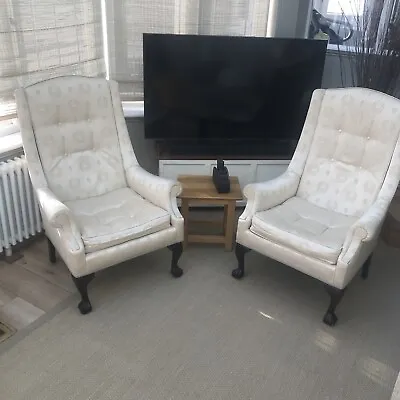 Beautiful Pair Of Cream/Gold Queen Anne’  High Back Chairs With Mahogany Legs • £240