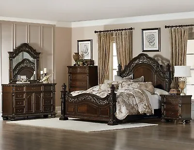 4 Pc Metal Scrollwork Cherry King Bed Ns Dresser Mirror Bedroom Furniture Set • $2699