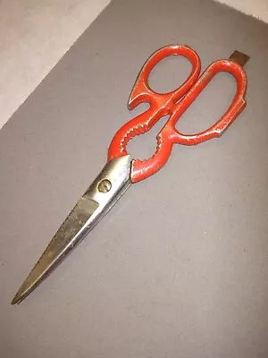 Vintage Scissors Japan Red Handle Stainless Steel W/ Bottle Top & Jar Lid Tools • $12