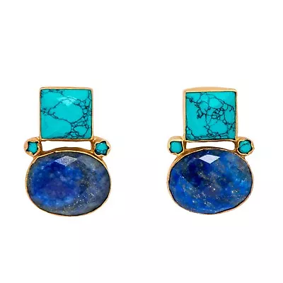 Brand New Handmade VintageLook Turquoise & Lapis Lazuli 18k Gold Plated Earrings • £34.99