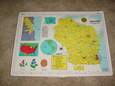 2 VINTAGE 1980s 23  X 17.5  LAMINATED 2 SIDED MAP WISCONSIN  THE BADGER STATE  • $9.99