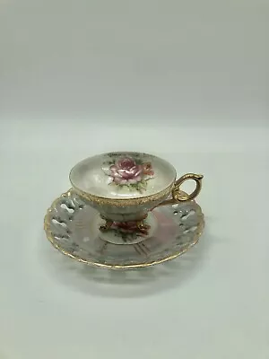 VTG Royal Sealy Japan Roses Gold Trim 3 Footed Tea Cup Pierced China Saucer • $14.99