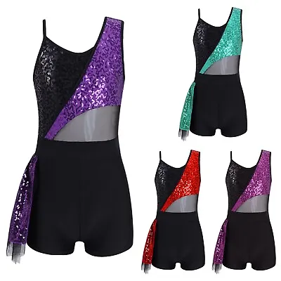 Kid's Girl's Dance Leotard Jumpsuits Sequins Ruffle Hem Gym Competition Costume • £6.82