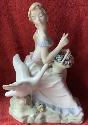 Mediflor Valencia Porcelain Large Figurine Lady With A Swan Goose Basket Flowers • £35